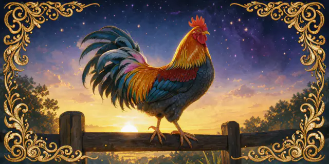 ภาพประกอบปีระกา: ไก่ตัวผู้หางพลิ้วหลากสียืนบนรั้วไม้ยามรุ่งอรุณ