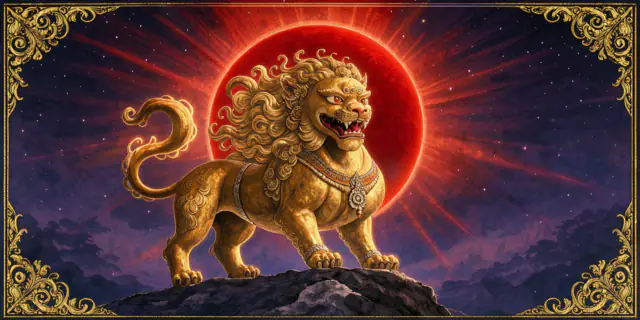 ภาพประกอบดวงคนเกิดวันอาทิตย์: ราชสีห์สีทองยืนบนโขดหิน ด้านหลังเป็นดวงอาทิตย์สีแดงเปล่งรัศมี