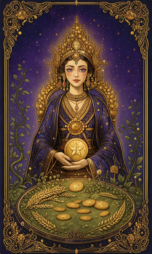 ไพ่ราชินีเหรียญ (Queen of Pentacles)
